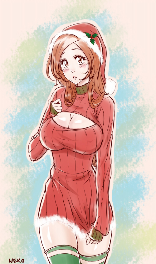bleach, blush, breasts, christmas, cleavage, inoue_orihime, large_breasts, neko_(a_la_fraise), orange_hair, tagme