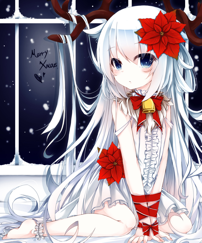 1girl, barefoot, bdsm, blue_eyes, bondage, bound, christmas, dress