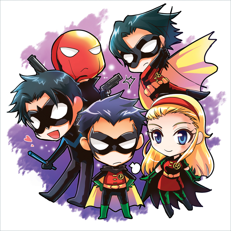 4boys, batman_(series), belt, black_hair, blonde_hair, blue_eyes, bodysuit, brothers