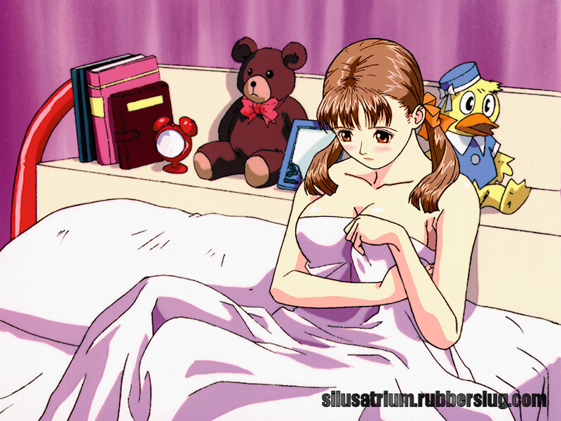 1girl, bangs, bed, bed_sheet, bird, blanket, breasts, brown_eyes