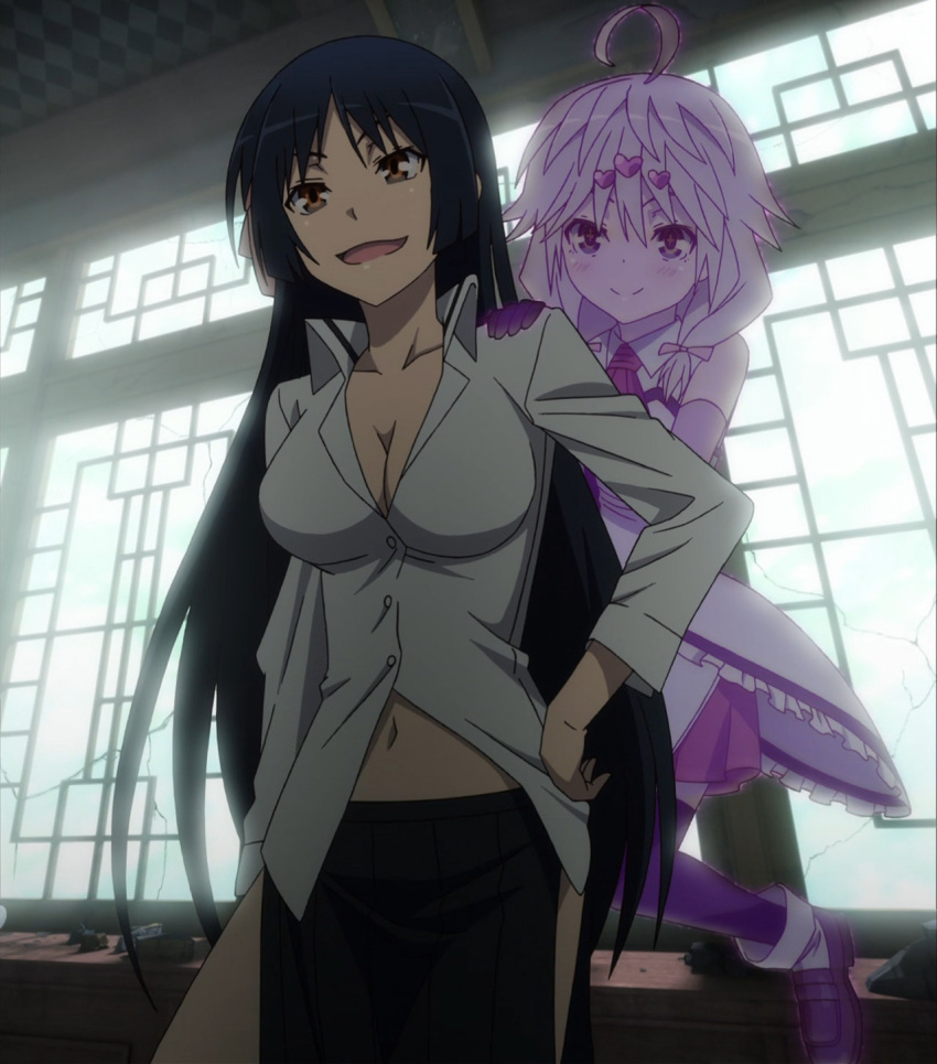 2girls, ahoge, blue_hair, bow, breasts, brown_eyes, cleavage, fudou_akio_(trinity_seven)