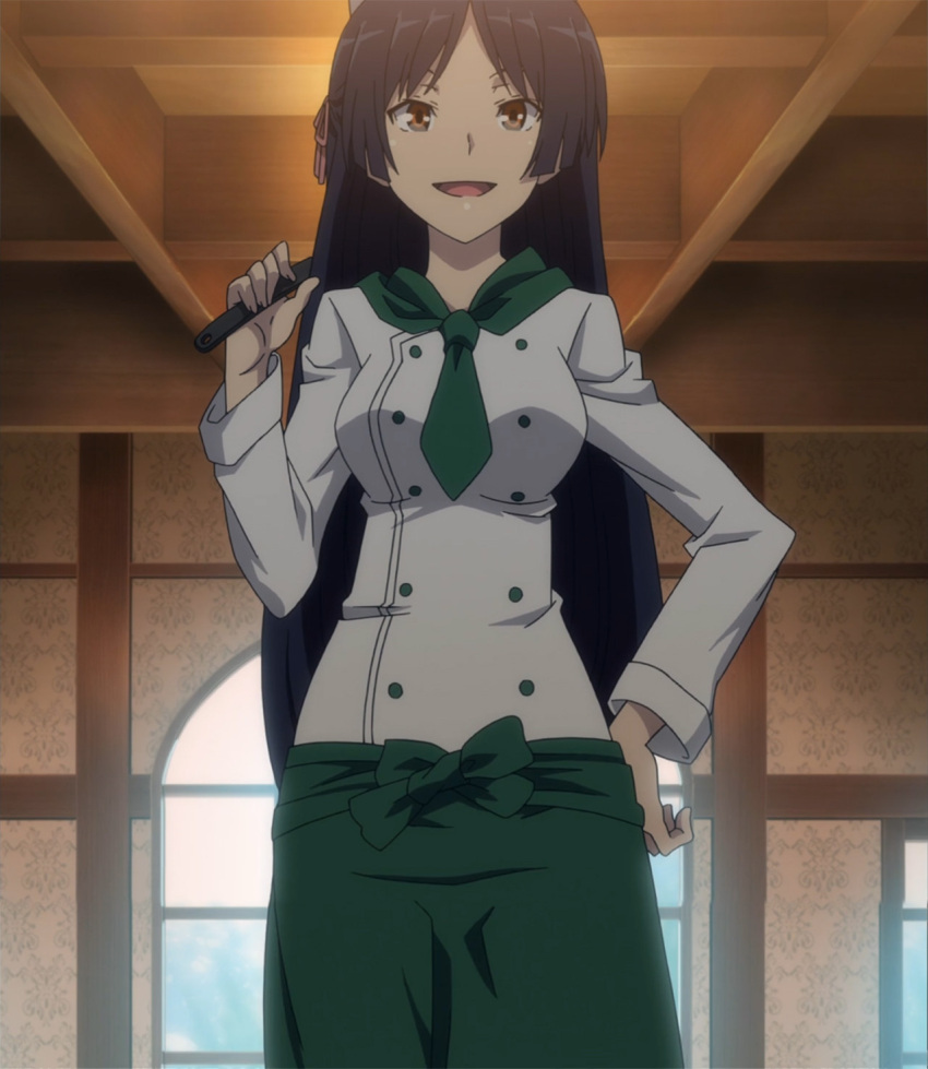 black_hair, brown_eyes, chef, fudou_akio_(trinity_seven), long_hair, screencap, trinity_seven