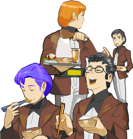 4boys, bento_malus, black_hair, blue_hair, chopsticks, densetsu_kyojin_ideon, food, glasses