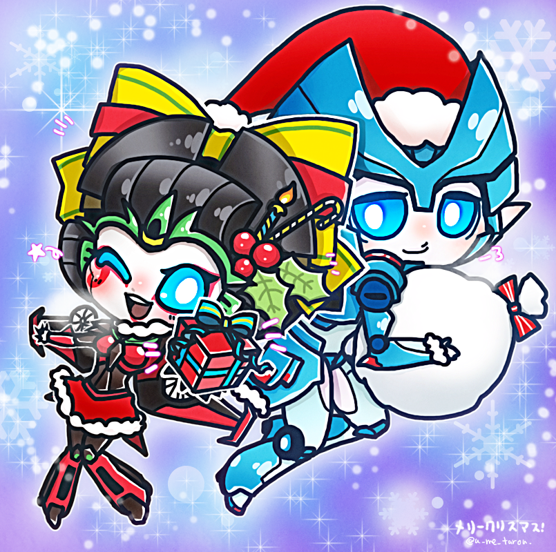 2girls, autobots, bag, blue_eyes, breasts, chibi, christmas, chromia