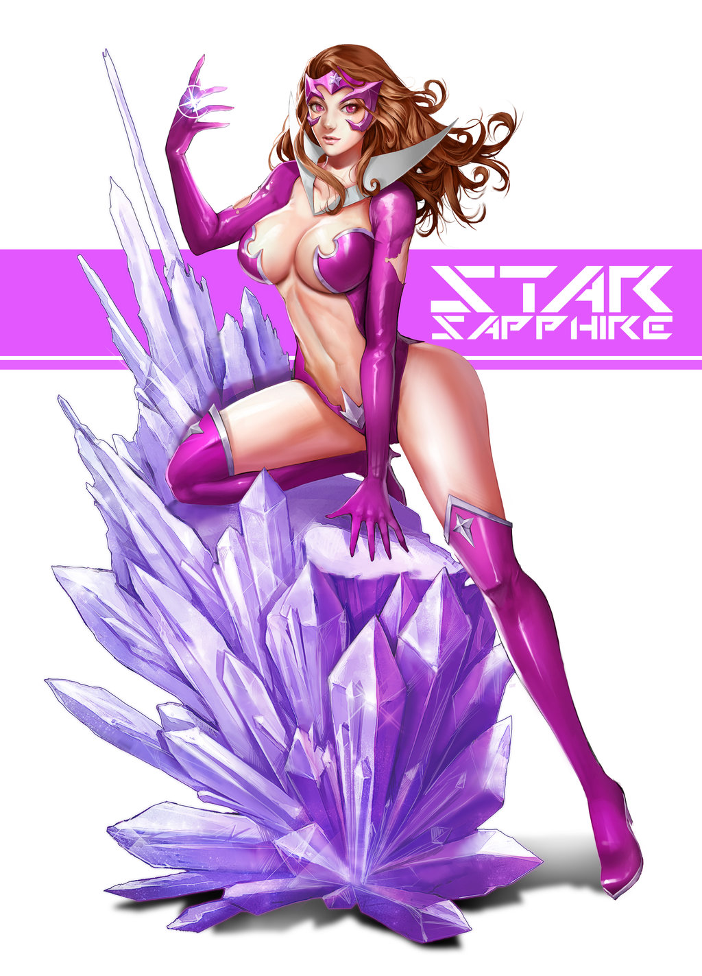 1girl, boots, breasts, brown_hair, carol_ferris, center_opening, character_name, cleavage, crystal, dc_comics, gem, gloves, green_lantern_(series), highres, jewelry, ken_(kenshjn_park), kenshjn_park, knee_boots, large_breasts, long_hair, looking_at_viewer, navel, pink_boots, pink_eyes, revealing_clothes, ring, simple_background, solo, star_sapphire_(dc), star_sapphire_(dc_comics), thigh-highs, thigh_boots, white_background