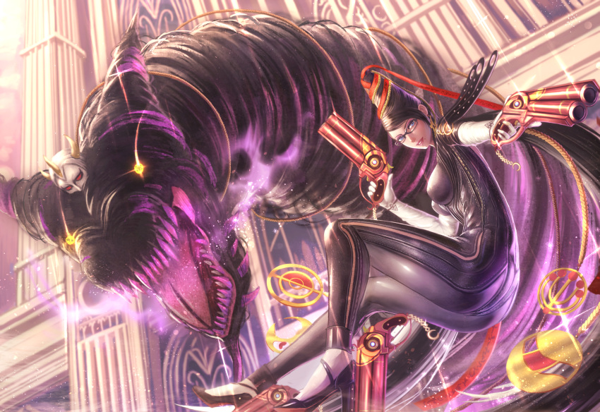1girl, bayonetta, bayonetta_(character), bodysuit, fangs, glasses, gomorrah, gun, highres, looking_at_viewer, monster, skin_tight, weapon, yazuwo