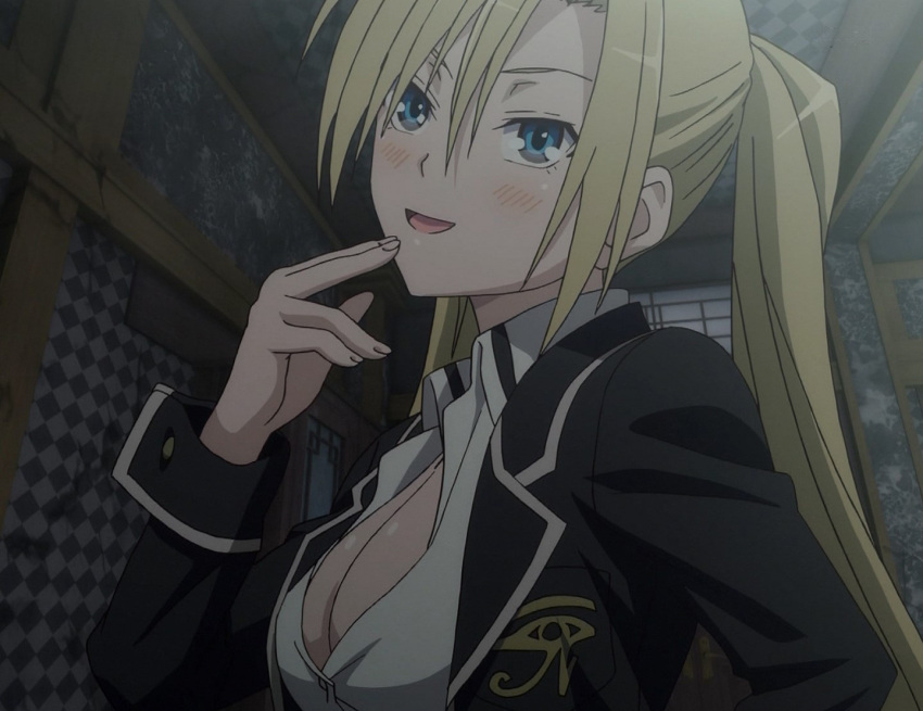 1girl, blonde_hair, blue_eyes, blush, breasts, cleavage, female, indoors