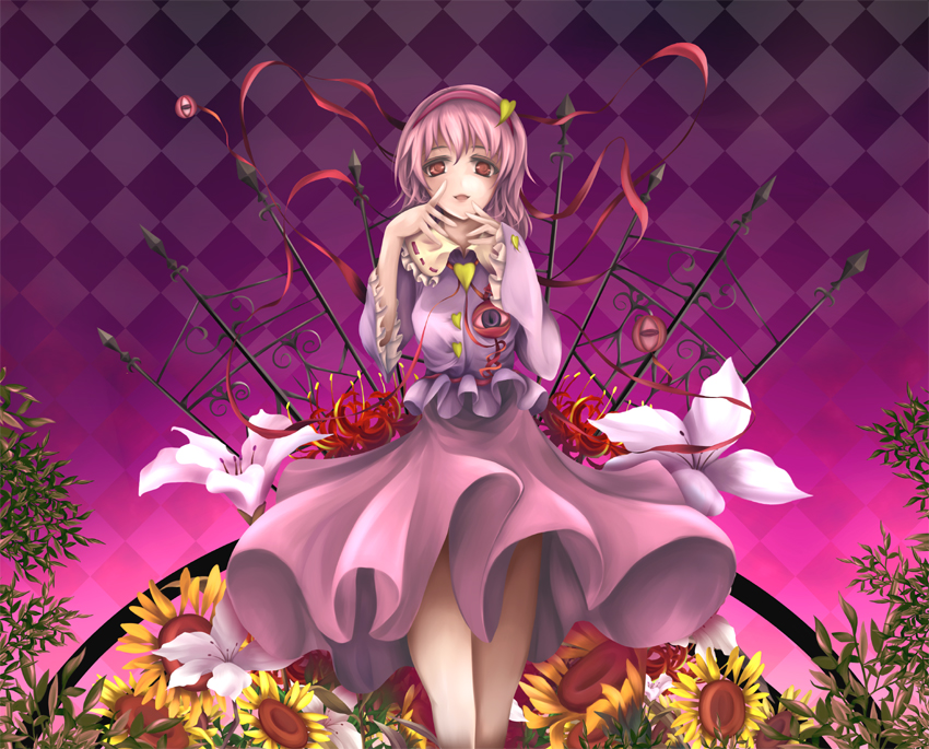flower, hairband, heart, komeiji_satori, pink_hair, red_eyes, seiha(artist), seiha_(artist)