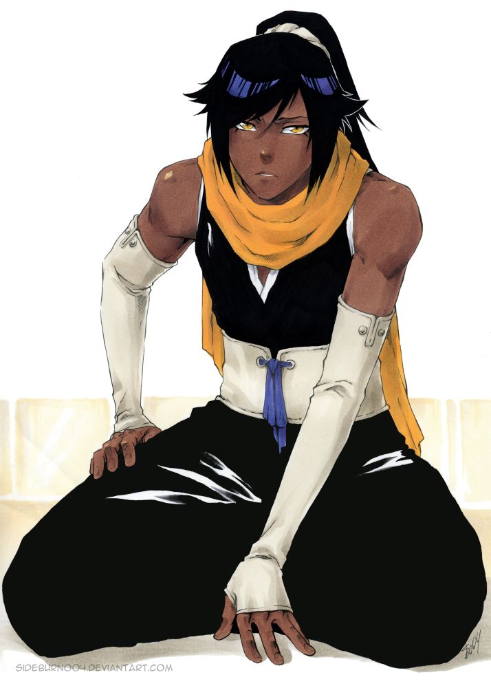 1boy, black_hair, bleach, dark_skin, frown, japanese_clothes, long_hair, looking_at_viewer