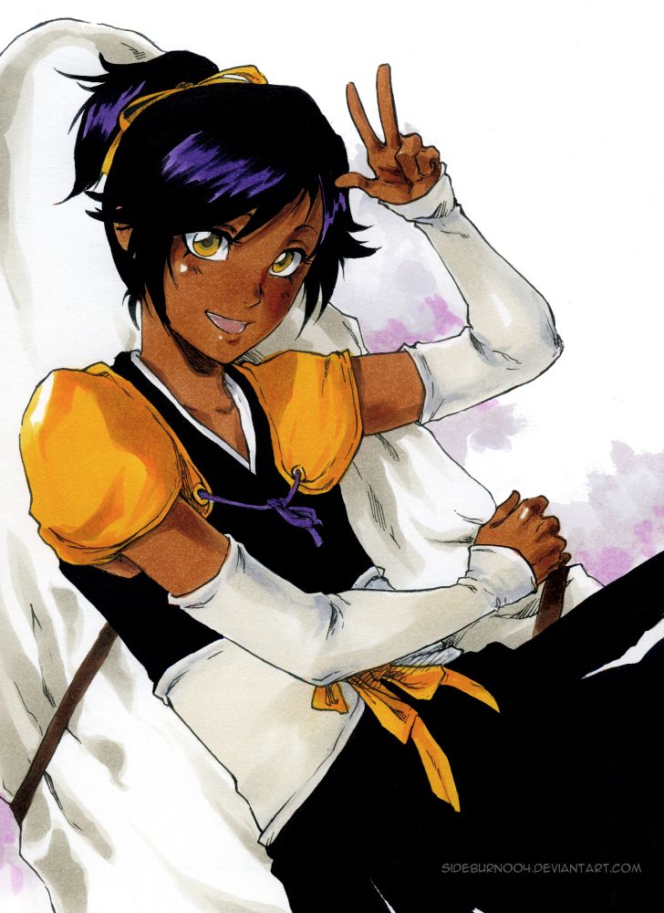 1boy, androgynous, black_hair, bleach, dark_skin, japanese_clothes, looking_at_viewer, male_focus