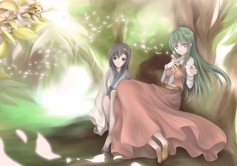 ascot, blue_eyes, character_request, forest, green_hair, hieda_no_akyu, hieda_no_akyuu, japanese_clothes