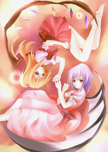 bad_id, barefoot, bat_wings, blonde_hair, feet, flandre_scarlet, multiple_girls, purple_hair