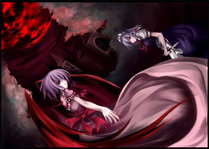 blue_hair, braid, claws, cloud, clouds, izayoi_sakuya, knife, maid