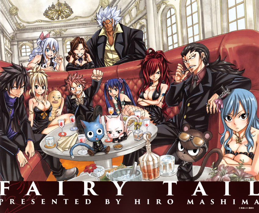 breasts, cana_alberona, charle_(fairy_tail), cleavage, cup, dress, elfman_strauss, erza_scarlet
