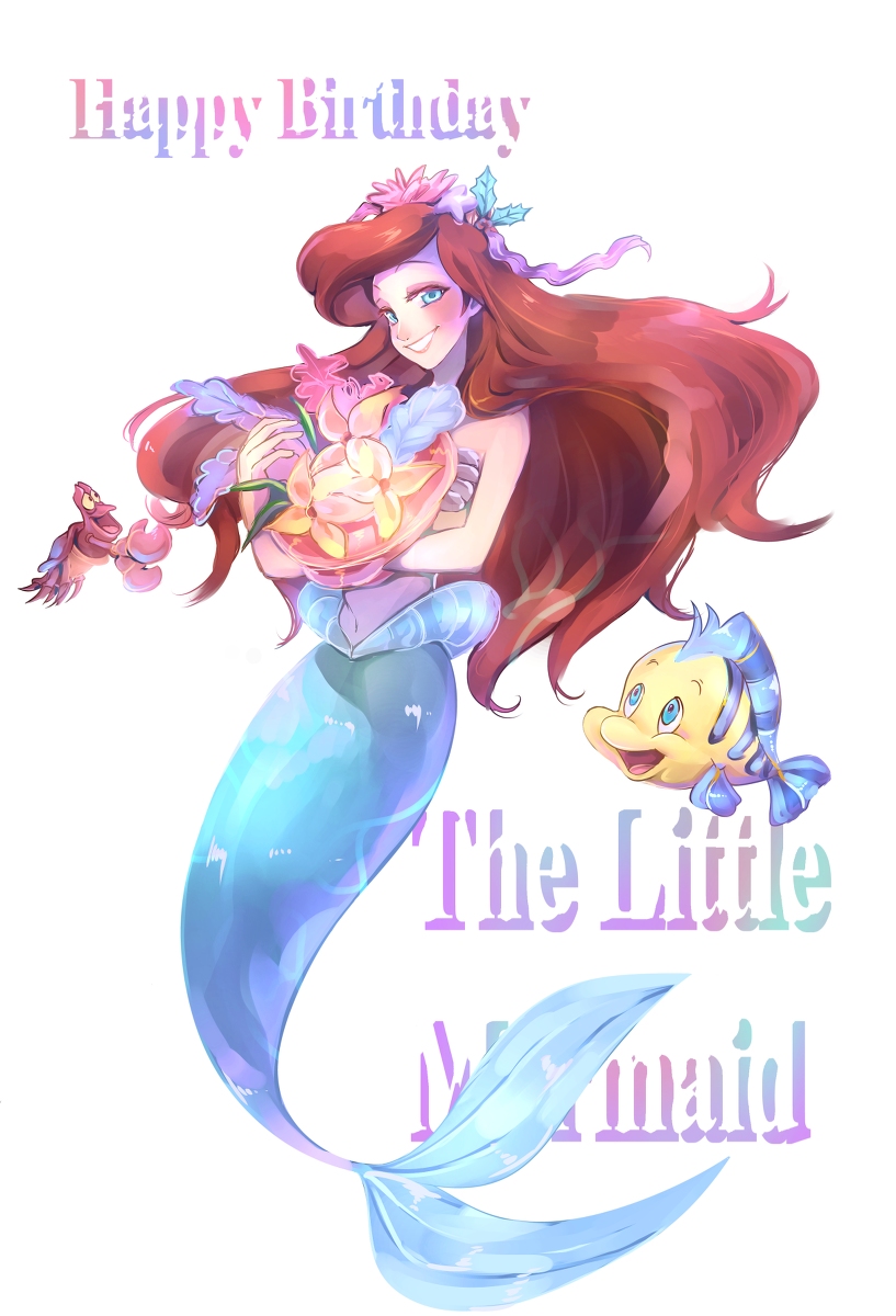1girl, ariel_(disney), blue_eyes, flounder, maian, mermaid, monster_girl, redhead