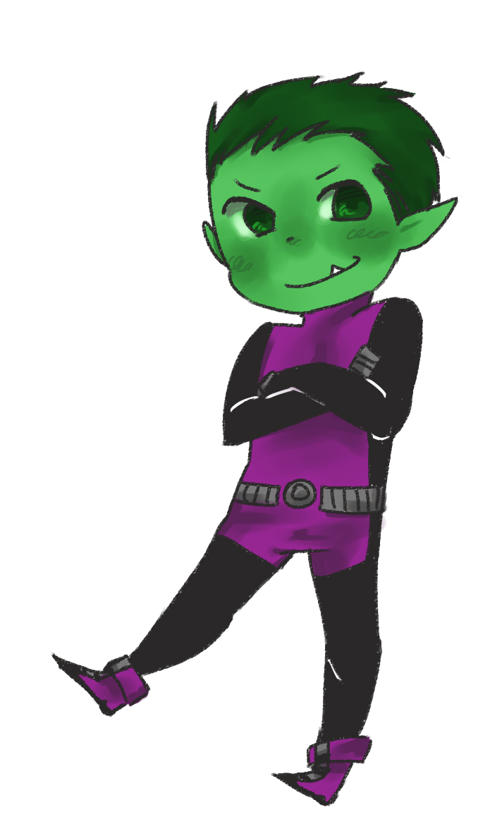 1boy, beast_boy_(dc), bodysuit, cartoon_network, chibi, crossed_arms, dc_comics, garfield_logan