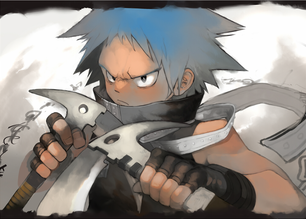 1boy, black_star, blue_hair, fingerless_gloves, gloves, makumoko, male_focus, muscle, scythe, solo, soul_eater, weapon