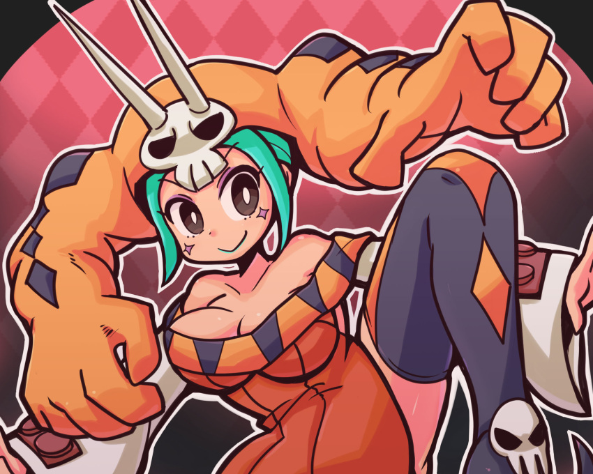 1girl, aqua_hair, boots, breasts, cerebella_(skullgirls), cleavage, eyeshadow, female