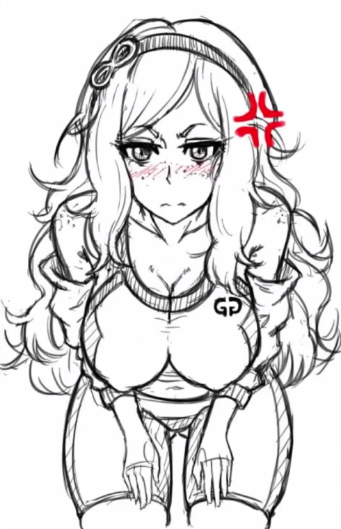 1girl, 4chan, 8chan, artist_request, bent_over, blush, breasts, cleavage