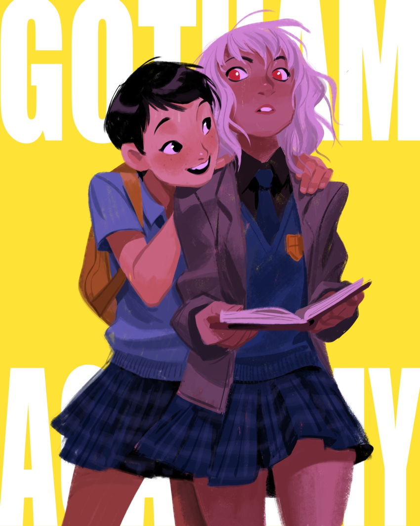 2girls, backpack, bag, batman_(series), black_eyes, black_hair, blazer, book