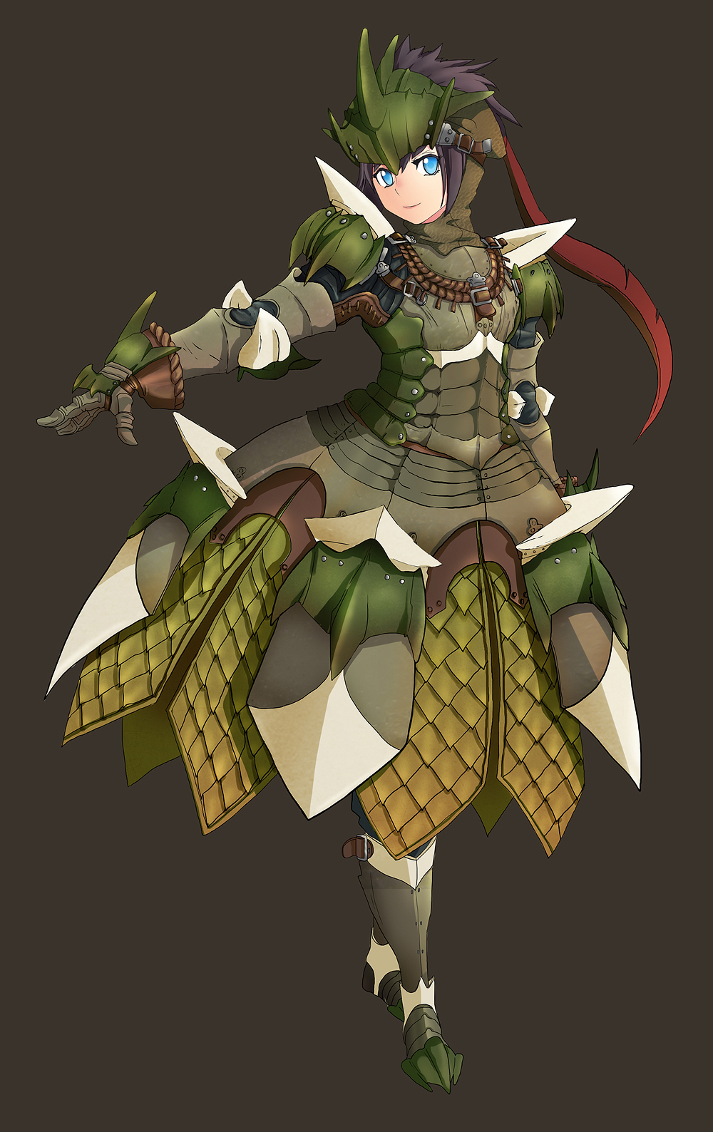 1girl, armor, black_hair, blue_eyes, capcom, female, gloves, grey_background