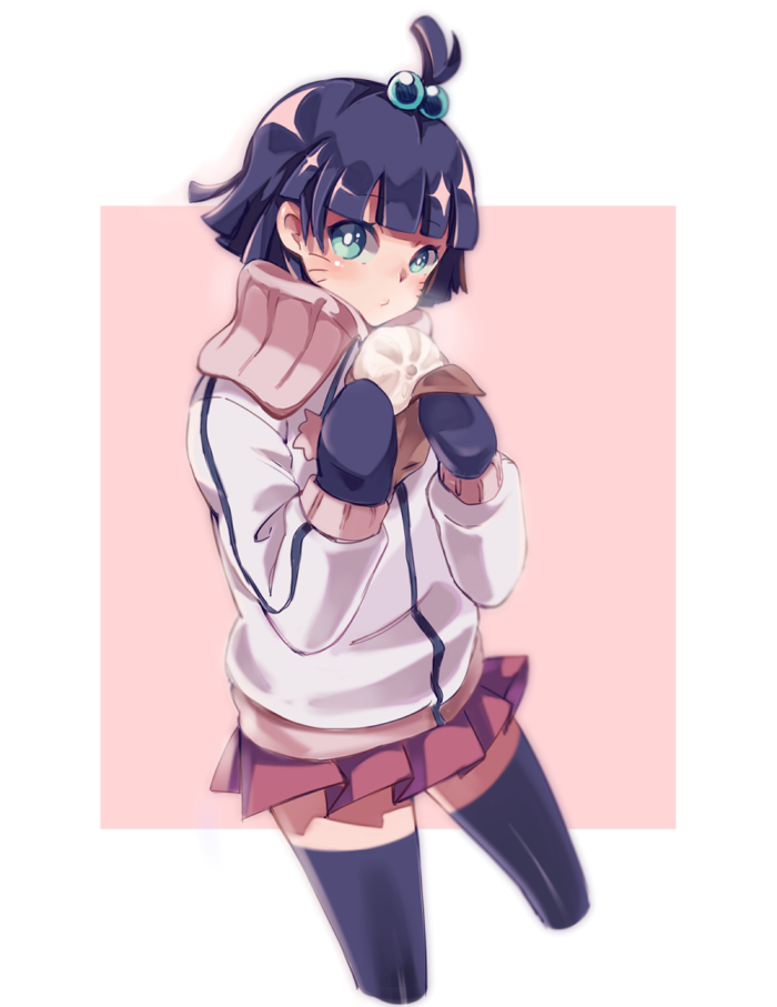 1girl, ahoge, duizhang, female, food, gloves, hair_bobbles, hair_ornament
