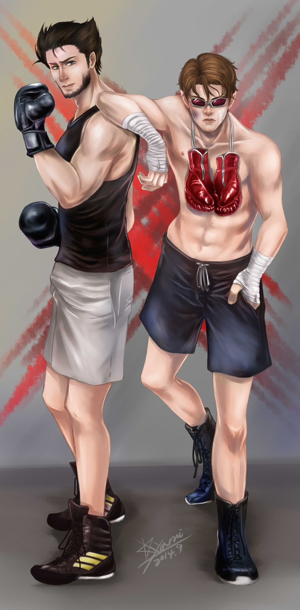 10s, 2014, 2boys, abs, bandage, boxing_gloves, brown_hair, kyami, leaning, male_focus, marvel, multiple_boys, scott_summers, sunglasses, tank_top, topless, wolverine, x-men