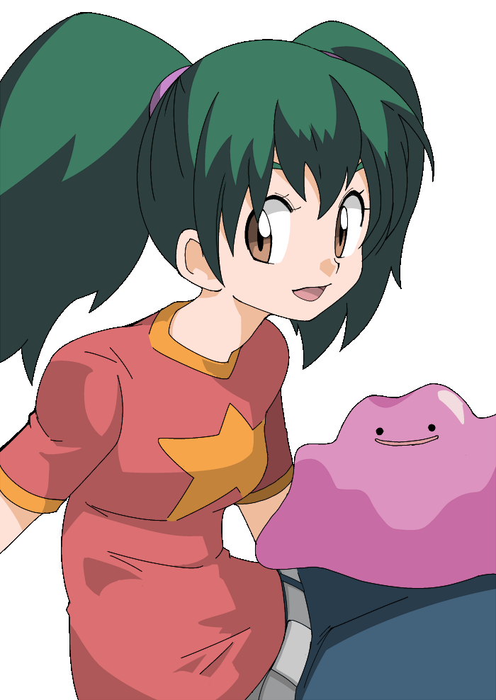 brown_eyes, ditto, green_hair, hainchu, imite_(pokemon), pokemon, pokemon_(anime)