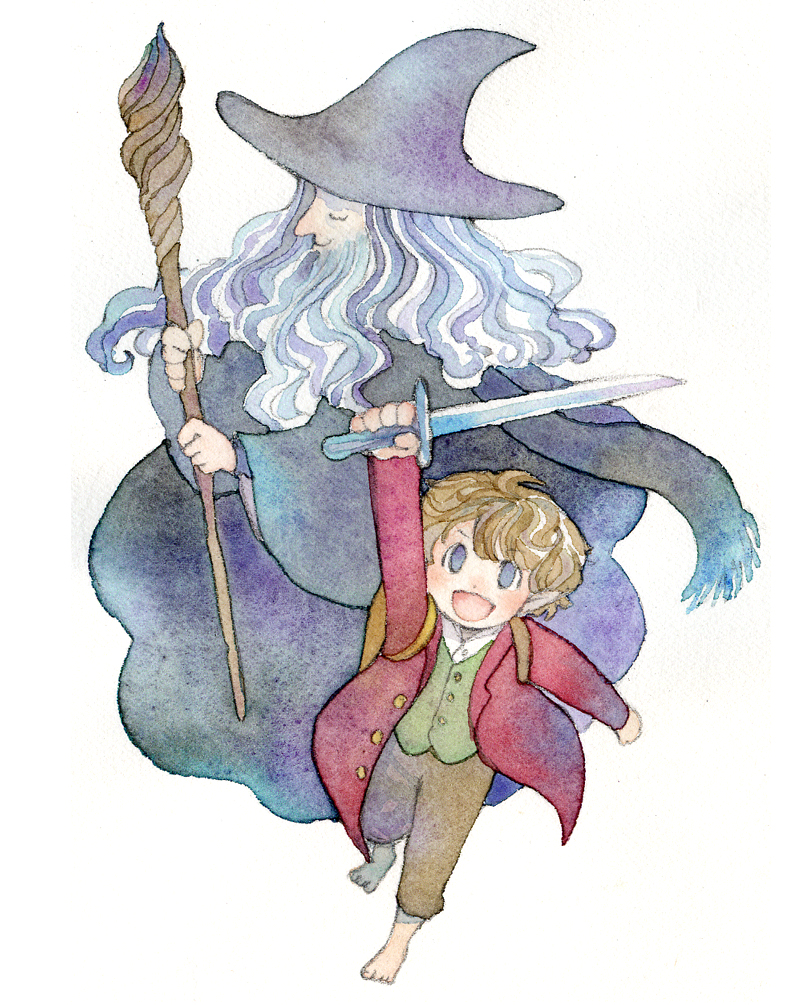 2boys, backpack, bag, bilbo_baggins, gandalf, hat, hobbit, middle_earth