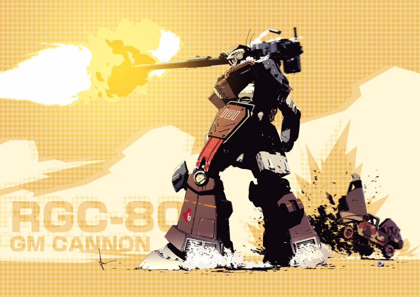 character_name, firing, gm_(mobile_suit), gm_cannon, gundam, gundam_msv, red_ace, shield
