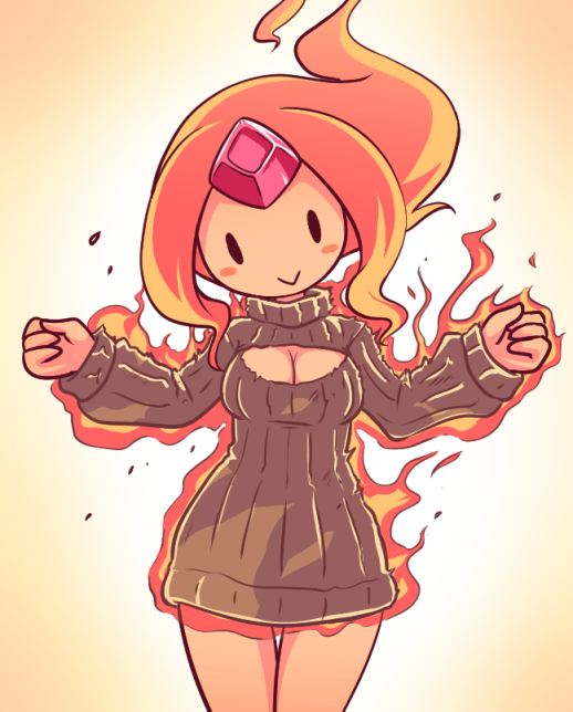 1girl, :>, adventure_time, breasts, cartoon_network, cleavage, flame_princess, flaming_hair