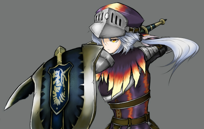 1girl, armor, capcom, female, grey_background, hat, holding, holding_shield