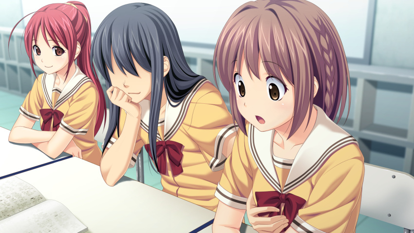 2girls, black_hair, breast_grab, brown_eyes, brown_hair, crossdressinging, game_cg, grabbing