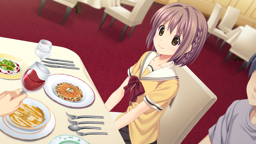 1girl, brown_eyes, brown_hair, chair, food, game_cg, highres, kitami_minamo