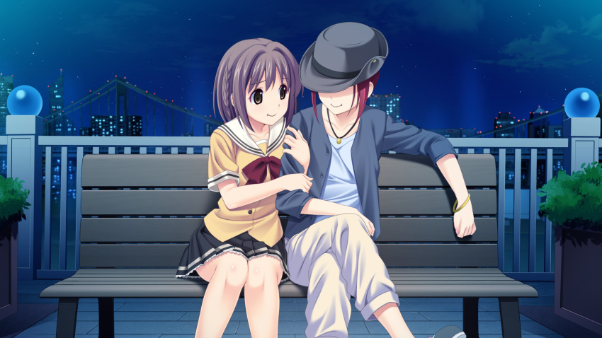 2girls, brown_eyes, brown_hair, chair, game_cg, hat, highres, jewelry