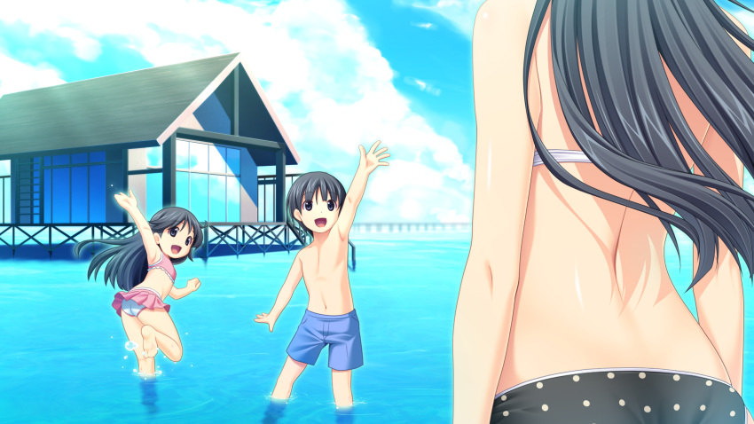 1boy, 2girls, barefoot, black_eyes, black_hair, character_request, fukami_nagisa, game_cg