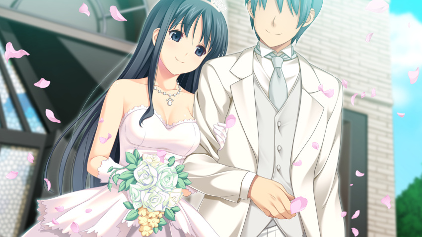 1girl, black_eyes, black_hair, dress, elbow_gloves, flower, fukami_nagisa, game_cg