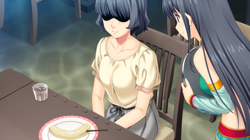 2girls, black_eyes, black_hair, chair, character_request, food, fukami_nagisa, game_cg