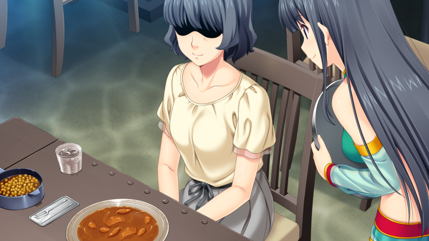 2girls, black_eyes, black_hair, chair, character_request, food, fukami_nagisa, game_cg