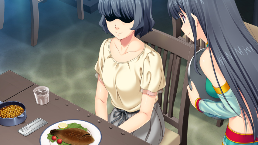 2girls, black_eyes, black_hair, blush, chair, character_request, fish, food