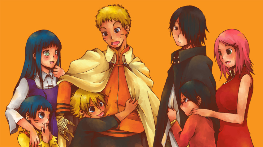 3boys, 4girls, cloak, family, haruno_sakura, hyuuga_hinata, multiple_boys, multiple_girls