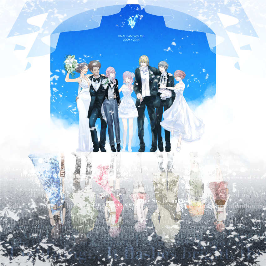 4boys, 4girls, afro, alternate_costume, arm_hug, everyone, final_fantasy, final_fantasy_xiii, highres, hikao_(plusxxx), hope_estheim, lightning_farron, multiple_boys, multiple_girls, oerba_dia_vanille, oerba_yun_fang, sazh_katzroy, serah_farron, snow_villiers
