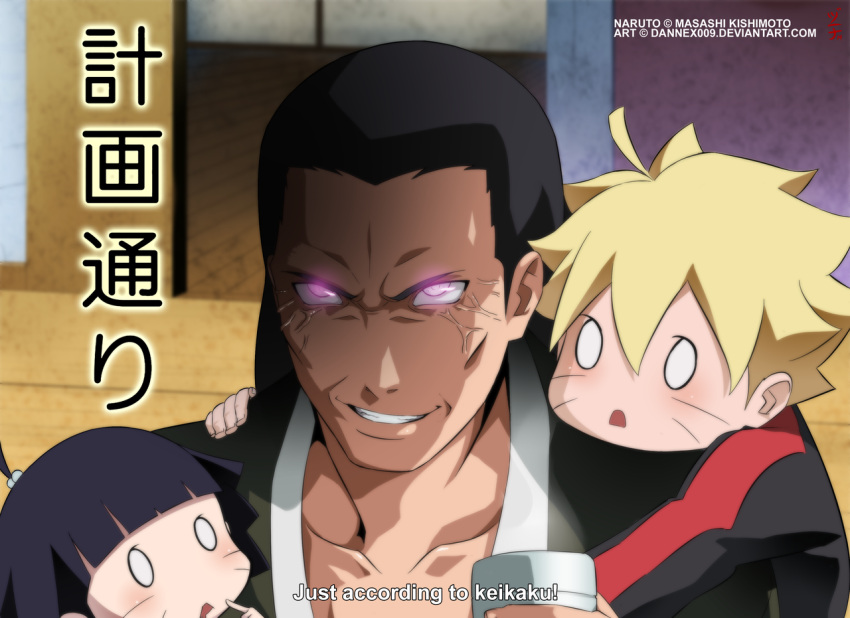 0_0, 1girl, 2boys, age_difference, black_hair, byakugan, confused, dannex009