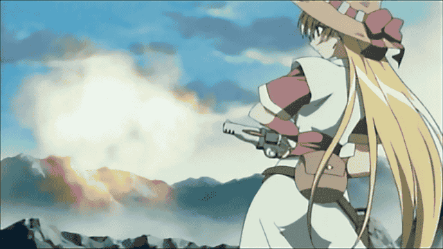 00s, 1girl, animated, animated_gif, blonde_hair, grenadier, gun, hat