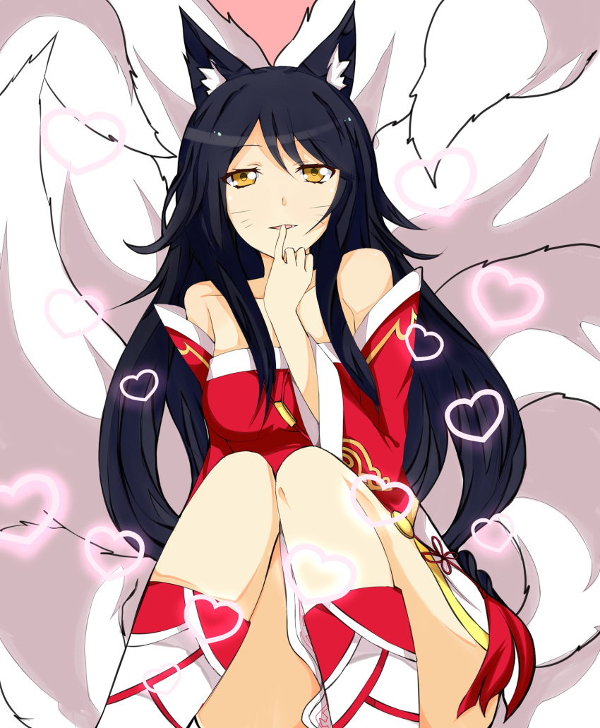 1girl, ahri, animal_ears, bare_legs, black_hair, braid, breasts, cleavage