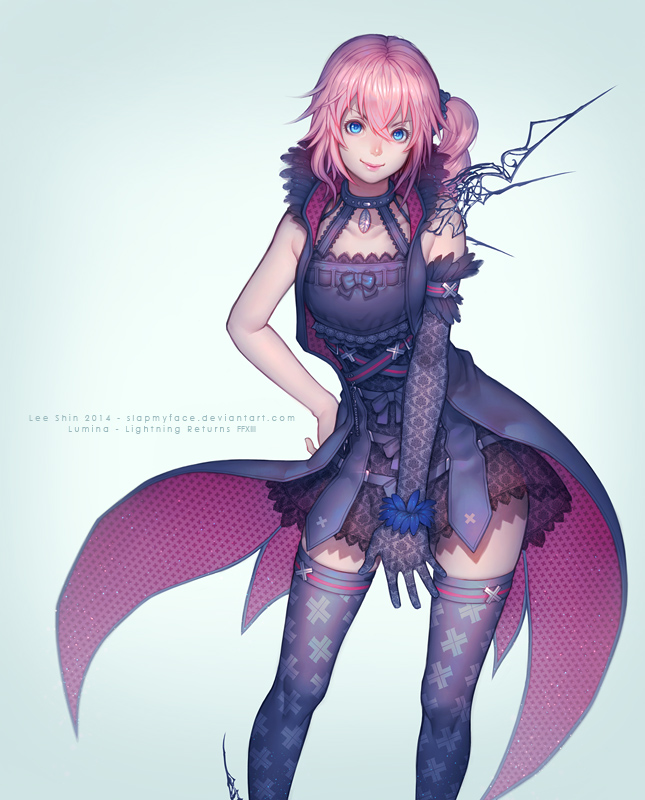 1girl, blue_eyes, elbow_gloves, final_fantasy, final_fantasy_xiii, gloves, gothic_lolita, lightning_returns:_final_fantasy_xiii, lolita_fashion, lumina_(ffxiii), pink_hair, side_ponytail, single_glove, slapmyface, solo, thigh-highs, zettai_ryouiki