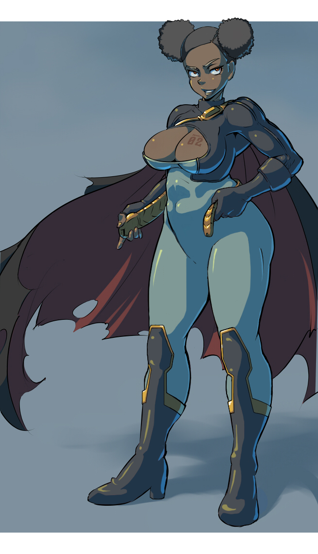 1girl, belt, black_hair, bodysuit, boots, breasts, brown_eyes, cape, cleavage, cleavage_cutout, cutout, dark_skin, dc_comics, double_bun, fingerless_gloves, full_body, gloves, high_heel_boots, high_heels, looking_at_viewer, mikoyan, power_girl, solo, standing, tanya_spears, tattoo, teen_titans
