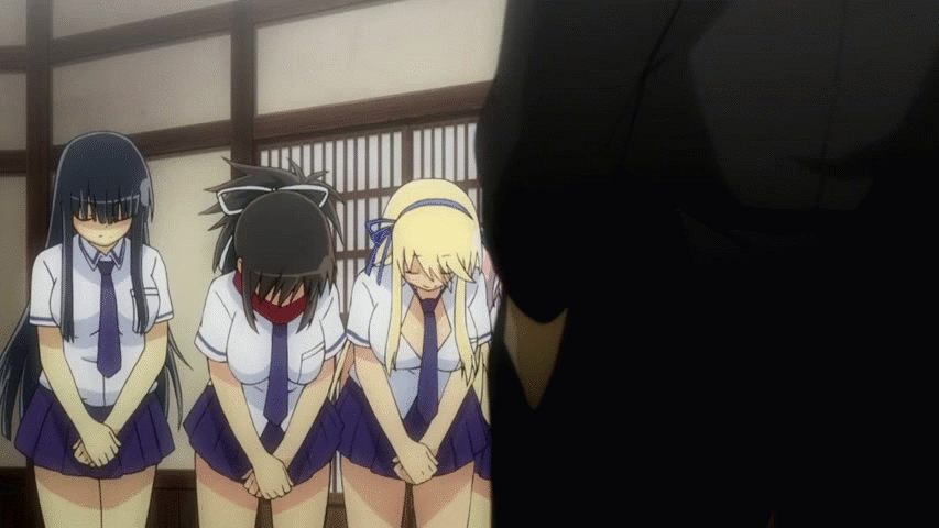 3girls, animated, animated_gif, asuka_(senran_kagura), black_hair, blonde_hair, blue_eyes, blush