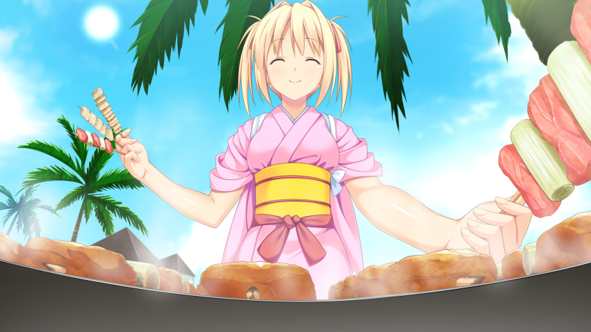 1girl, blonde_hair, closed_eyes, food, game_cg, grill, highres, kagurazaka_namine