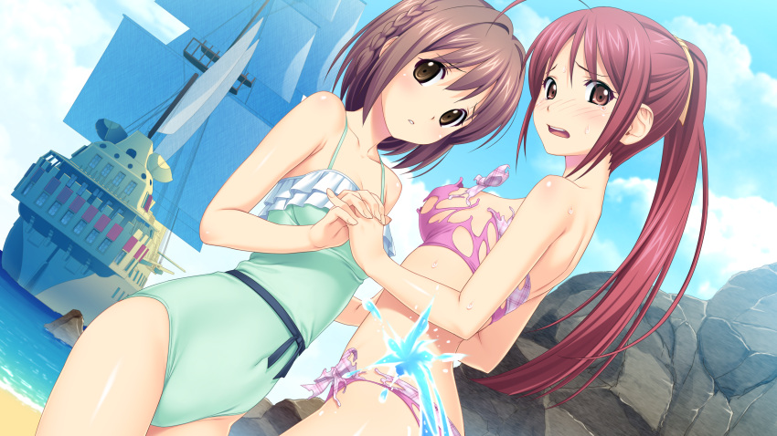 2girls, brown_eyes, brown_hair, game_cg, hand_holding, highres, kitami_minamo, koigakubo_chihaya